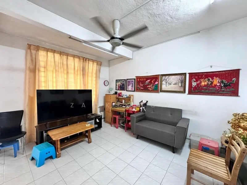 Living features: 5-blade ceiling fan, wall-mounted TV, wooden coffee table, grey fabric sofa, black plastic chair, red plastic stool, wooden dining chairs, cream tiled flooring, curtains with sheer fabric, framed artwork on walls.
