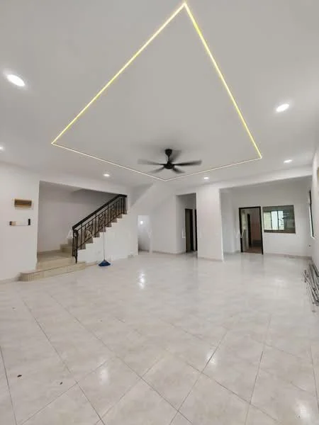 Living features: white painted walls, glossy ceramic tile flooring, tray ceiling with LED strip lighting, 5-blade ceiling fan, large windows for natural light, open layout, staircase leading to upper floor, neutral color palette; style: modern.