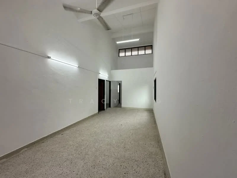Room features: white painted walls, concrete flooring, ceiling fan, two windows, high ceiling, LED strip lighting, doorway to adjacent rooms, neutral color scheme; style: minimalist.