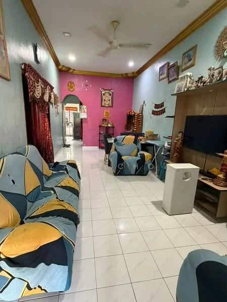 Living features: 2-seater fabric sofa with geometric pattern, 3-seater fabric sofa with geometric pattern, white tiled flooring, pink accent wall, blue painted walls, wooden ceiling with crown moulding, wall-mounted TV, decorative wall art, curtains with floral pattern, coffee table, air purifier, ceiling fan; style: contemporary.