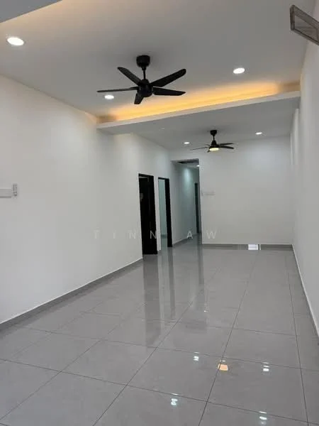 Room features: white painted walls, glossy ceramic tile flooring, recessed LED downlights, 2 ceiling fans, open layout, doorways leading to other rooms, neutral color scheme, no visible furniture or decor; style: modern.