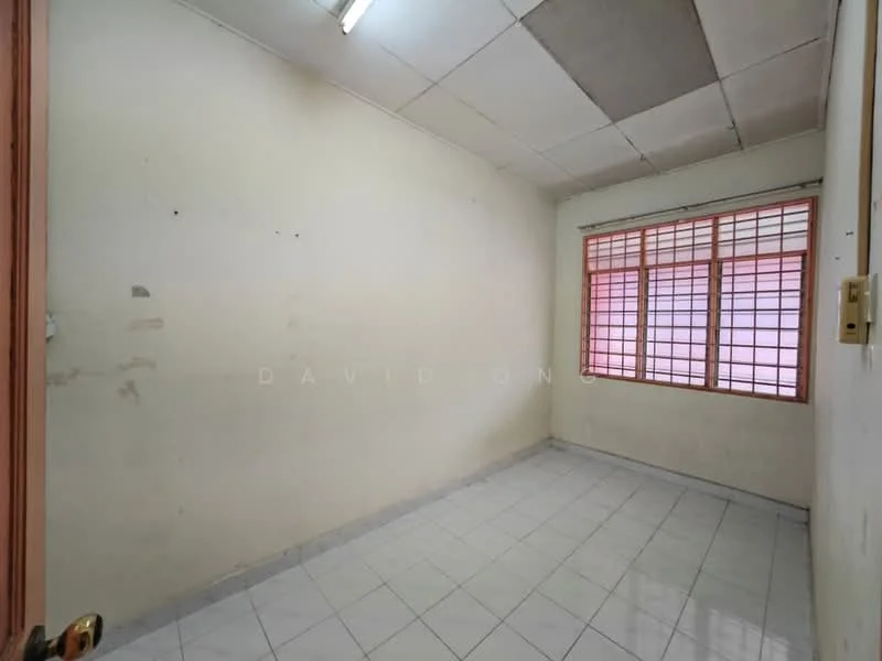 Room features: white painted walls, plain ceiling, white tiled flooring, two windows with grid pattern, no visible furniture, minimal decor, light fixture on ceiling, empty space.