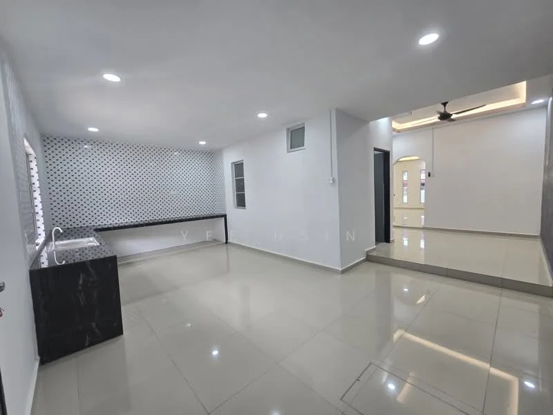 Living features: white painted walls, polished ceramic tile flooring, recessed downlights, 5-blade ceiling fan, large windows, black countertop, kitchen sink, open layout, neutral color scheme, wall with black and white pattern, doorway leading to another room; style: modern.