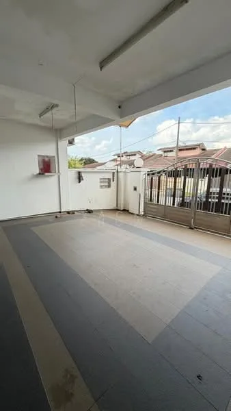 Room features: grey tiled flooring, white painted walls, ceiling lights, large windows, metal gate, outdoor view, open space, no visible furniture; style: modern; view: garden.
