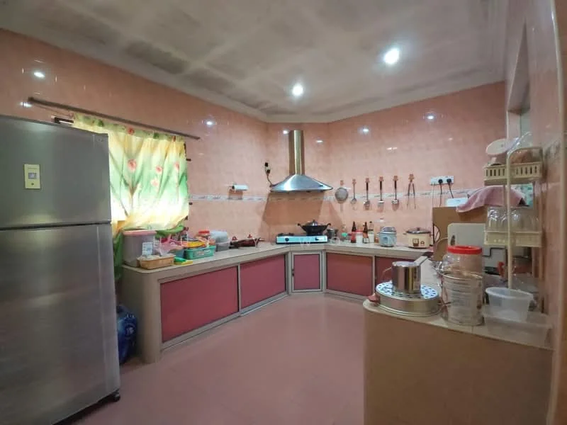 Kitchen features: stainless-steel fridge, pink tiled walls, laminate countertop, kitchen cabinets with pink fronts, built-in gas stove, stainless-steel range hood, wall-mounted shelves, sink with faucet, window with floral curtains, ceramic tile flooring, recessed downlights, kitchen utensils on countertop, cooking appliances on countertop; style: modern.