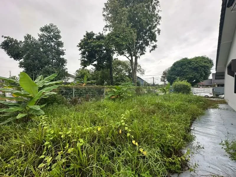 Exterior features: overgrown grass, tall shrubs, mature trees, fenced perimeter, concrete pathway, cloudy sky.