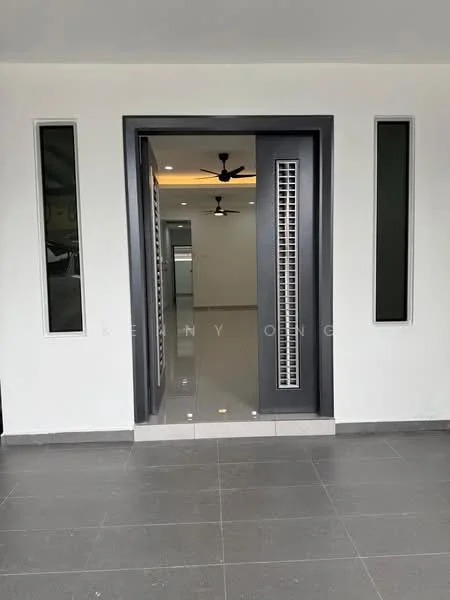 Room features: grey tiled flooring, white painted walls, ceiling fan, recessed lighting, glass panel doors, sliding glass windows, open entryway, modern door design; style: modern.
