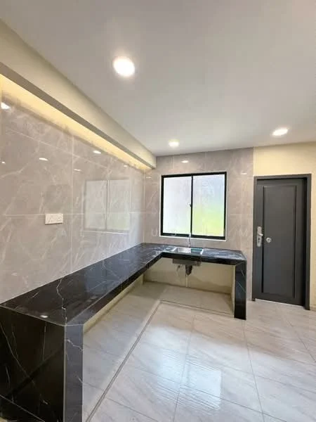 Kitchen features: black marble countertop, grey marble backsplash, single-bowl stainless-steel sink, modern faucet, white painted walls, recessed LED downlights, large window, tile flooring, built-in cabinetry, open layout; style: modern.