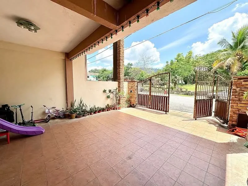 Exterior features: tiled flooring, open porch area, wooden gate, brick wall, potted plants, palm trees, play equipment, sunny outdoor space, clear blue sky; style: modern.
