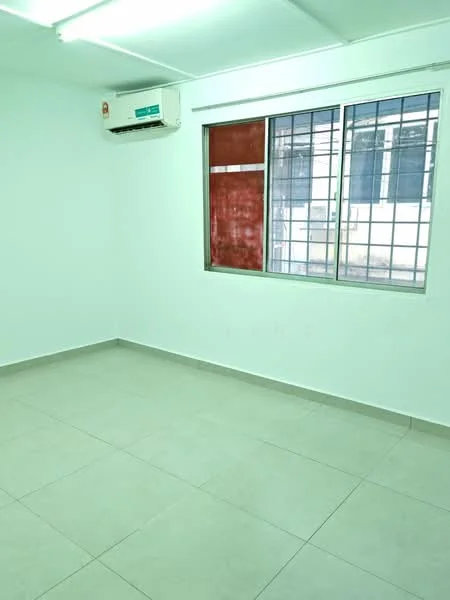 Room features: white painted walls, tile flooring, 1 wall-mounted split AC, large window with metal grille, natural light from window, neutral color scheme, no visible furniture, clean and uncluttered space; style: modern.