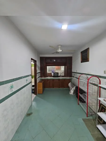 Kitchen features: white painted walls, green tiled backsplash, light blue ceramic tile flooring, ceiling fan, recessed ceiling lights, wood cabinetry, countertop, sink, kitchen appliances, open layout, window with view to outside, laundry area with drying rack; style: modern.