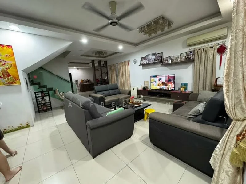 Living features: 5-blade ceiling fan with light, recessed downlights, grey fabric 3-seater sofa, grey fabric 2-seater sofa, black leather armchair, coffee table, TV console, wall-mounted TV, decorative wall art, curtains, tile flooring, white painted walls, staircase with wooden railing, air conditioning unit; style: modern.
