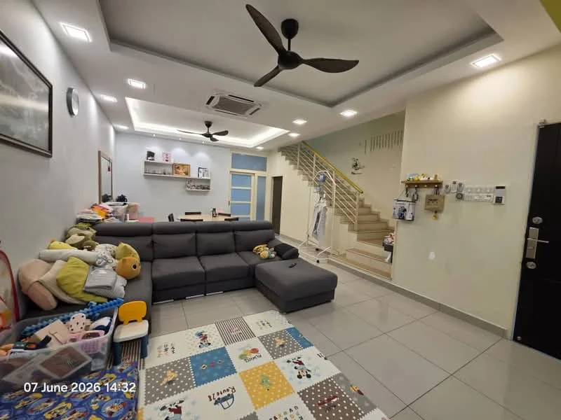 Living features: grey fabric sectional sofa, area rug with colorful pattern, wall-mounted TV, ceiling fan with light, recessed downlights, tile flooring, decorative wall art, open shelving unit, staircase leading to upper floor, wall-mounted intercom panel, light switch panel, door with modern handle; style: modern.