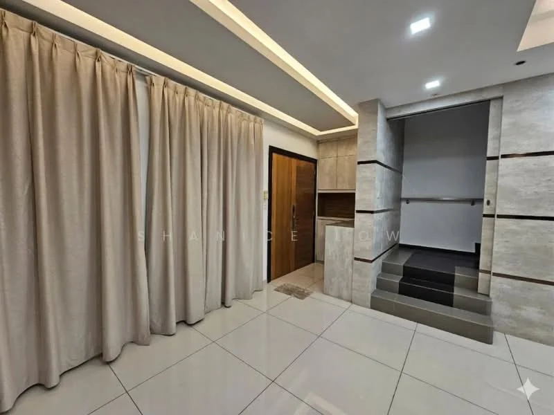Room features: white tiled flooring, cream curtains, wooden door, grey accent wall, recessed ceiling lights, staircase with dark steps, wall paneling, light-colored wall tiles; style: modern.