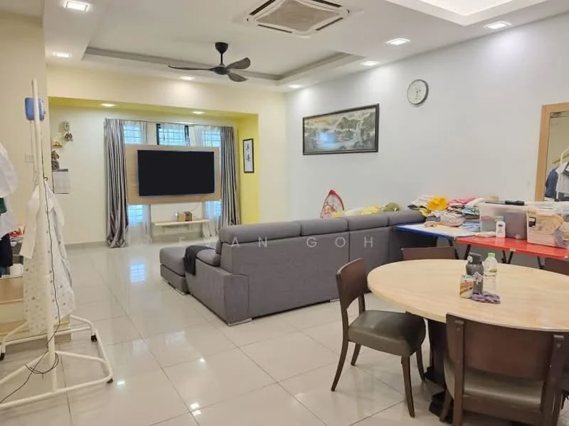 Living features: grey fabric L-shape sectional sofa, round dining table, 4 dining chairs, wall-mounted TV, TV console, recessed ceiling lights, ceiling fan, white painted walls, glossy tile flooring, curtains, decorative wall art, air conditioning unit; style: modern.