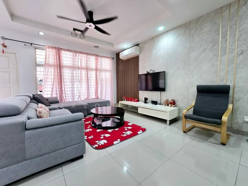 Living features: grey fabric L-shape sectional sofa, white coffee table, wall-mounted TV, TV console in white, red area rug with white patterns, ceiling fan with light, recessed downlights, cream painted walls, large windows with sheer curtains, marble tile flooring, decorative wall paneling, air conditioning unit; style: modern.