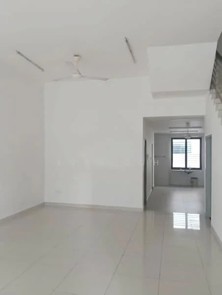 Room features: white painted walls, polished ceramic tile flooring, ceiling fan, recessed downlights, doorway leading to another room, large window with horizontal slats, open layout, neutral color scheme; style: modern.