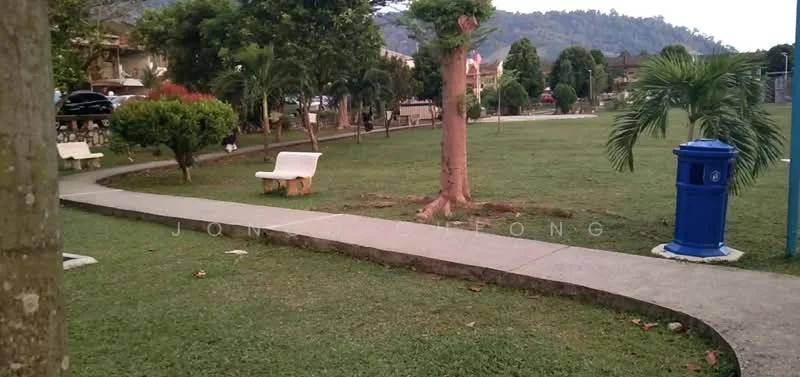 Exterior type: landscape garden; features: manicured lawn, pathway, trees, bushes, park benches, blue mailbox, mountain view in background; style: tropical-modern.