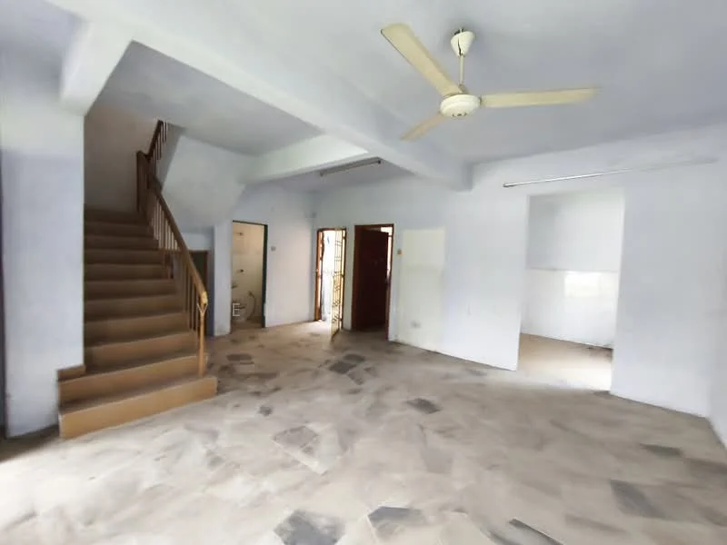 Living features: light grey painted walls, exposed ceiling beams, 5-blade ceiling fan, marble flooring, staircase leading to upper floor, open layout, large window for natural light, doorway leading to another room; style: minimalist.