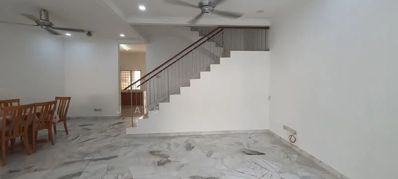 Living features: marble flooring, white painted walls, ceiling fan, staircase with metal railing, natural light from windows, open layout, dining area adjacent, neutral color scheme; style: modern.