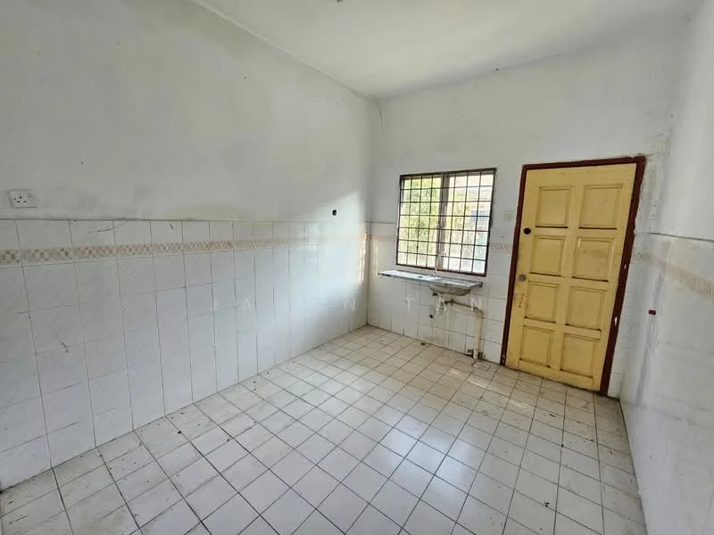 Room features: white painted walls, white tiled flooring, window with grid pattern, yellow door, tile cladding on lower half of walls, single window sill, no visible appliances or furniture.