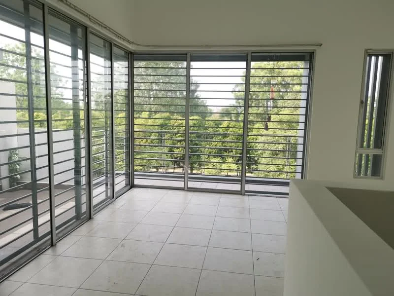 Room features: large sliding glass doors, louvered windows, white painted walls, tile flooring, greenery view, open layout, natural light, high ceiling; style: modern; view: garden.