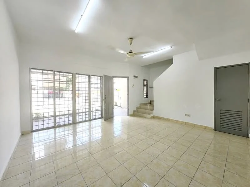 Living features: white painted walls, ceramic tile flooring, 5-blade ceiling fan, floor-to-ceiling windows, sliding glass door, staircase leading to upper floor, door leading outside, natural light from windows; style: modern.