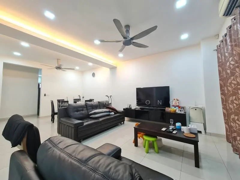 Living features: 3-seater leather sofa in black, 2-seater leather sofa in black, coffee table, TV console, wall-mounted TV, ceiling fan, recessed LED downlights, light strip along ceiling, white painted walls, glossy tile flooring, curtains with floral pattern, dining table with chairs visible in background; style: modern.