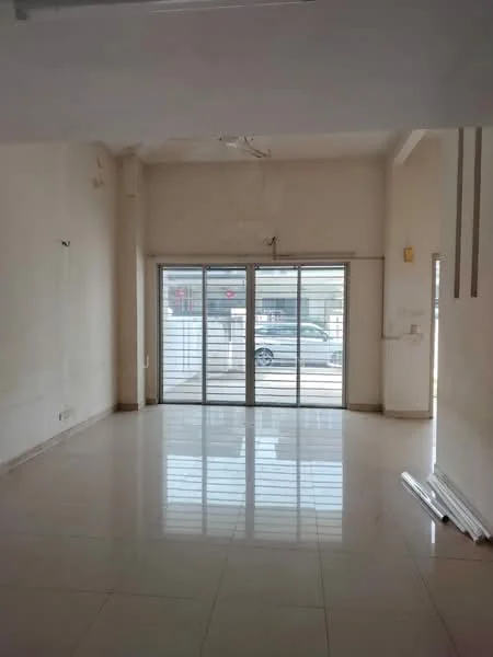 Room features: white painted walls, glossy tile flooring, sliding glass door, floor-to-ceiling windows, ceiling fan, natural light from windows, window treatments not visible, no visible furniture or decor; style: modern; view: street.