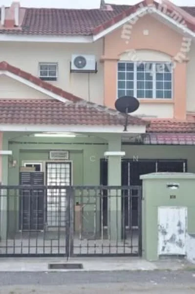 Exterior type: linked terrace house; features: two-storey structure, red tiled roof, cream painted facade, green accent wall, black wrought iron gate, front porch area, air conditioning unit mounted on wall, satellite dish mounted on wall, windows with white frames, brick pathway leading to entrance; style: modern.