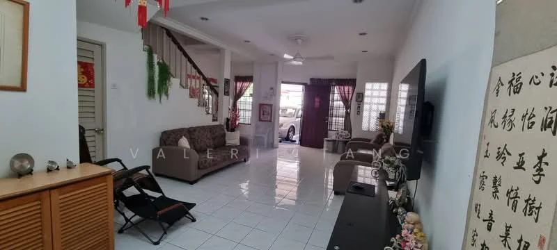 Living features: white painted walls, glossy ceramic tile flooring, ceiling fan, 3-seater fabric sofa in beige, 2-seater fabric sofa, coffee table, TV console, wall-mounted TV, decorative wall art, curtains, staircase with wooden railing, open layout; style: modern.