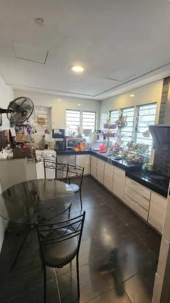 Kitchen features: black granite countertop, white cabinetry, stainless-steel sink, chrome pull-down faucet, built-in oven, freestanding range oven, microwave, refrigerator, 5-blade ceiling fan, tile flooring, window with horizontal slats, dining table with black chairs, wall-mounted kitchen hood, backsplash with mosaic tiles; style: modern.