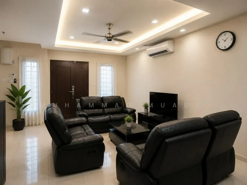 Living features: black leather sectional sofa, 2 black leather armchairs, glass coffee table, wall-mounted TV, ceiling fan with light, recessed LED downlights, cream painted walls, white tiled flooring, window with sheer curtains, clock on wall, indoor plant in ceramic pot, air conditioning unit; style: modern.