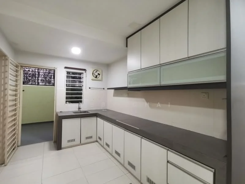 Kitchen features: white cabinetry with glass panels, grey countertop, single-bowl stainless-steel sink, chrome pull-down faucet, built-in wall-mounted fan, tile backsplash, white tiled flooring, recessed ceiling lights, window with security bars, open shelving, kitchen cabinets with handles, space for appliances; style: modern.