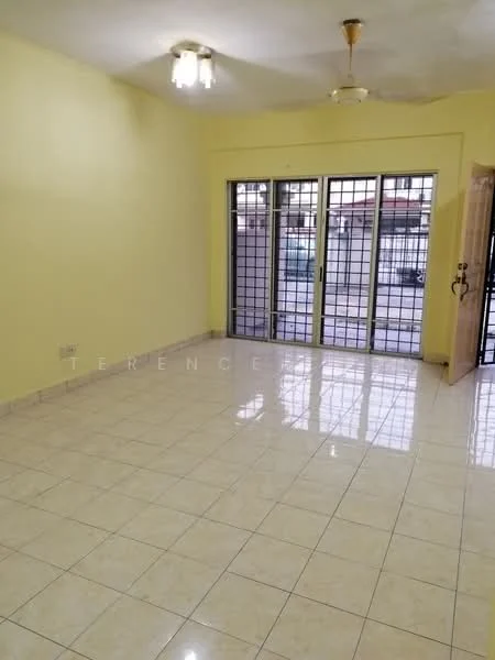 Living features: cream painted walls, glossy ceramic tile flooring, ceiling fan, 2-bulb ceiling light fixture, sliding glass door, grill gate, large windows, natural light.