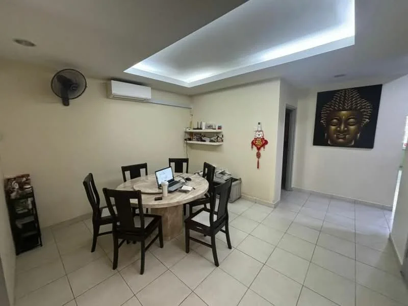 Dining features: round dining table, 6 dining chairs, wall-mounted air conditioning unit, recessed ceiling lights, light-colored walls, tile flooring, decorative wall art with Buddha motif, open shelving unit, computer on the table, small storage cabinet; style: modern.