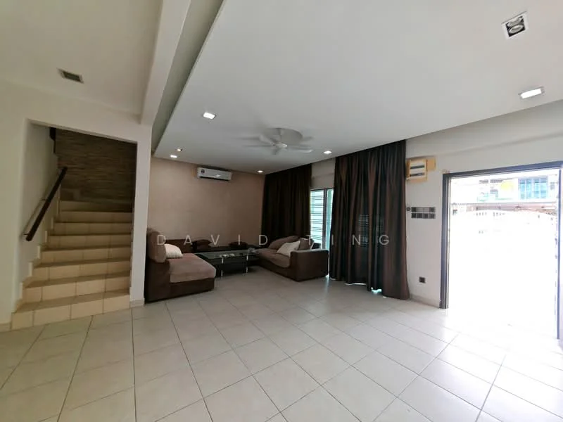 Living features: L-shape sectional sofa in brown, glass coffee table, floor-to-ceiling windows, sliding glass door, cream painted walls, recessed downlights, 5-blade ceiling fan, tile flooring, curtains in dark brown, air conditioning unit on wall; style: modern. Room features: staircase leading to upper floor, tile flooring.