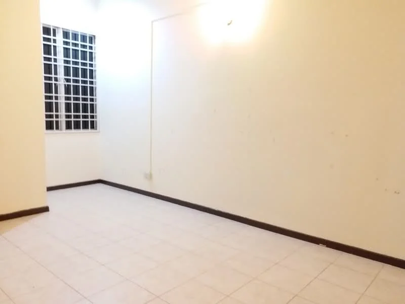 Room features: white painted walls, tile flooring, window with grid pattern, single light fixture on ceiling, corner location, neutral color scheme.