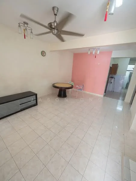 Living features: white painted walls, pink accent wall, ceramic tile flooring, 5-blade ceiling fan with light, round dining table, TV console, wall clock, recessed ceiling lights; style: modern.