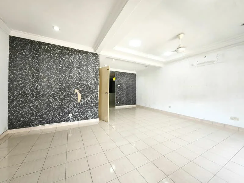 Living features: cream tiled flooring, black accent wall with pattern, white painted walls, ceiling fan, recessed downlights, door to adjacent room, air conditioning unit, crown moulding; style: modern.