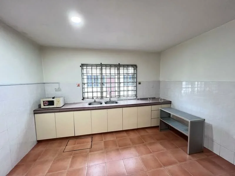 Kitchen features: double-bowl stainless-steel sink, chrome pull-down faucet, laminate countertop, white cabinetry, microwave, tile backsplash, window with security bars, ceramic tile flooring, recessed ceiling lights, open shelving, grey metal shelf unit.