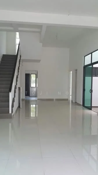 Room features: white painted walls, polished ceramic tile flooring, staircase with grey steps, large windows, glass door, high ceiling, open layout, natural light; style: modern.