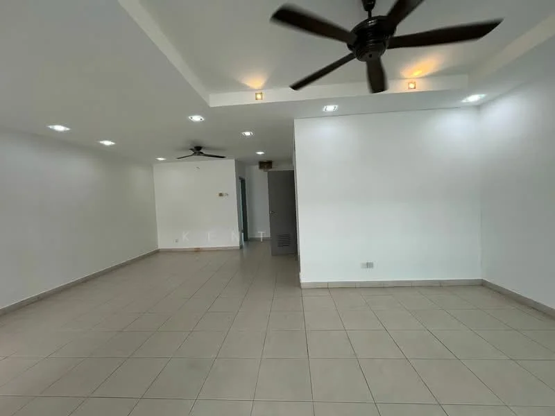 Living features: white painted walls, tile flooring, 5-blade ceiling fan with light, recessed downlights, open layout, no visible furniture, large floor area, neutral color scheme; style: modern.