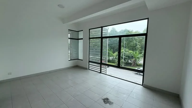 Room features: white painted walls, grey tiled flooring, large floor-to-ceiling windows, sliding glass door, window with louvre screens, natural light from windows, view of greenery outside; style: modern; view: garden.