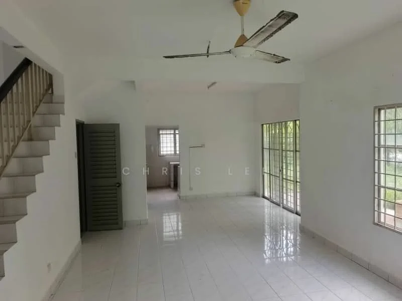 Living features: white painted walls, ceramic tile flooring, 5-blade ceiling fan, large windows, sliding glass door, natural light, open layout, corner for dining area; style: modern; view: garden. Room features: staircase, grey door, window with grid pattern.