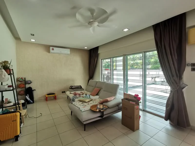 Living features: 5-blade ceiling fan with light, wall-mounted split AC, cream painted walls, tile flooring, large sliding glass door, floor-to-ceiling windows, brown curtains, sofa with throw blankets, coffee table, decorative plants, open shelving unit, cardboard boxes; style: modern; view: garden.