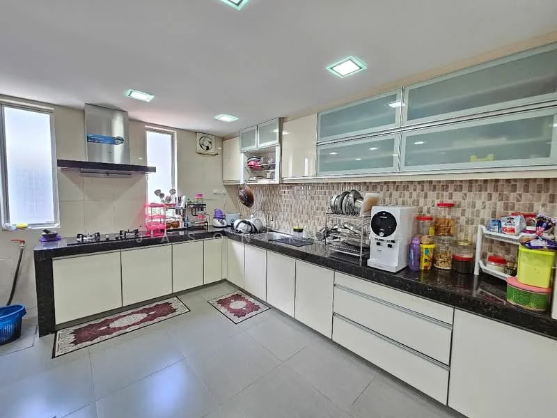 Kitchen features: white cabinetry with flat-panel doors, black granite countertop, ceramic tile flooring, stainless-steel gas hob, built-in oven, stainless-steel range hood, double-bowl stainless-steel sink, wall-mounted clock, backsplash with mosaic tile pattern, open shelving, kitchen appliances including coffee machine and kettle, window with sheer curtains, decorative area rug; style: modern.
