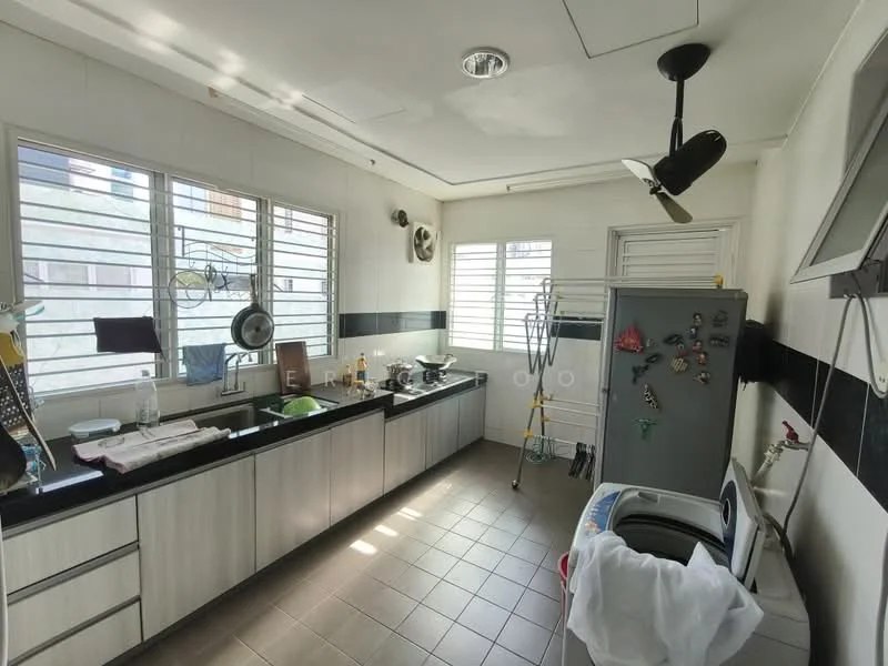 Kitchen features: black granite countertop, white cabinetry, stainless-steel fridge, built-in oven, 4-burner gas hob, single-bowl stainless-steel sink, chrome pull-down faucet, wall-mounted ceiling fan, window with horizontal slats, tile flooring, wall-mounted microwave, open shelving, decorative wall clock; style: modern.