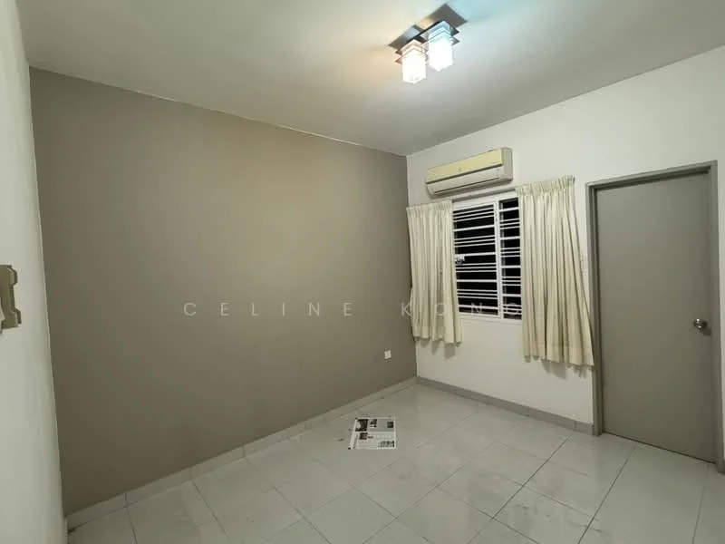 Room features: white painted walls, grey accent wall, tile flooring, window with white curtains, wall-mounted split AC, ceiling light fixture, door, floor space with magazine.