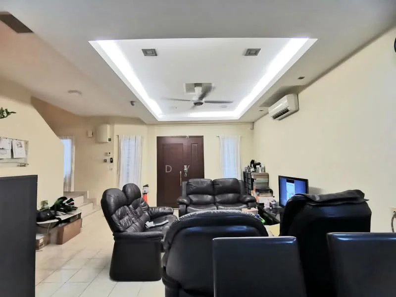 Living features: recessed ceiling with LED lighting, 5-blade ceiling fan, wall-mounted TV, black leather sofas, coffee table, cream painted walls, tile flooring, air conditioning unit, curtains on windows, open layout; style: modern.